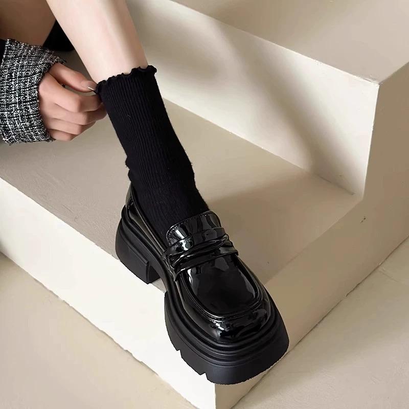 Thick-soled Thick-heeled Small Leather Shoes Women's New Autumn One-pedal Women's Shoes Single Shoes Black