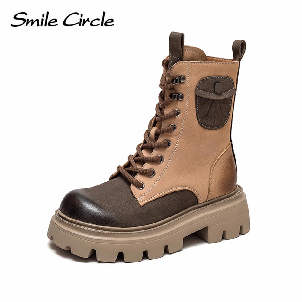 Женские ботинки из натуральной кожи на массивном каблуке, цветные сапоги с высоким берцем и толстой подошвой, модные повседневные женские мотоциклетные ботинки