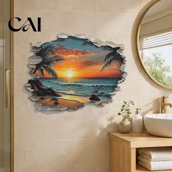 Durable Outdoor Wall Decorations 3D Beach Scenery Sticker, Sunset Coconut Tree Mural, PVC Waterproof Decal, Mural Decals Removable Art