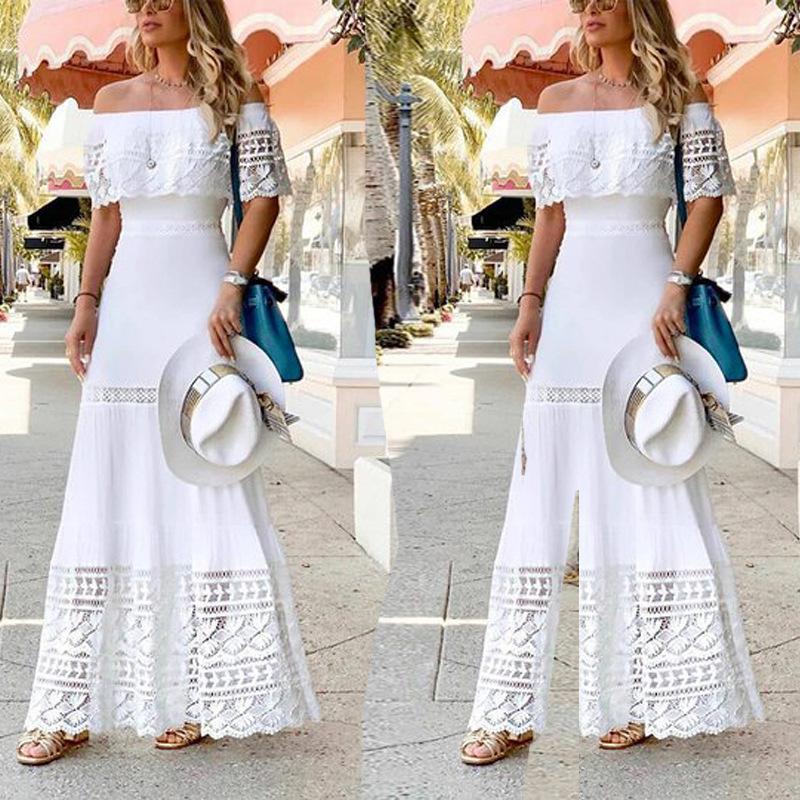 New European and American independent station fashion one-word neck splicing lace dress wholesale
