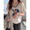 150kg Plus Size Women's Clothing 2026 Summer New Style Pure Cotton V-Neck Color-Block Short-Sleeve T-Shirt 100kg Loose-Fitting Top