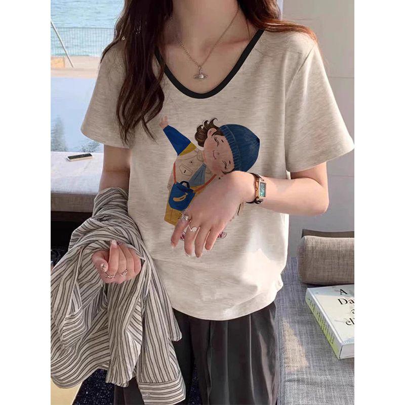 150kg Plus Size Women's Clothing 2026 Summer New Style Pure Cotton V-Neck Color-Block Short-Sleeve T-Shirt 100kg Loose-Fitting Top