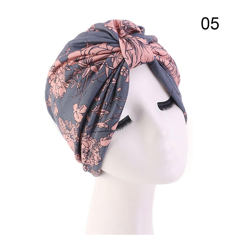 Knot Pleated Cotton Floral Print Turban Hat Head Cover Wrap Hat Soft Bonnet Sleep Night Cap