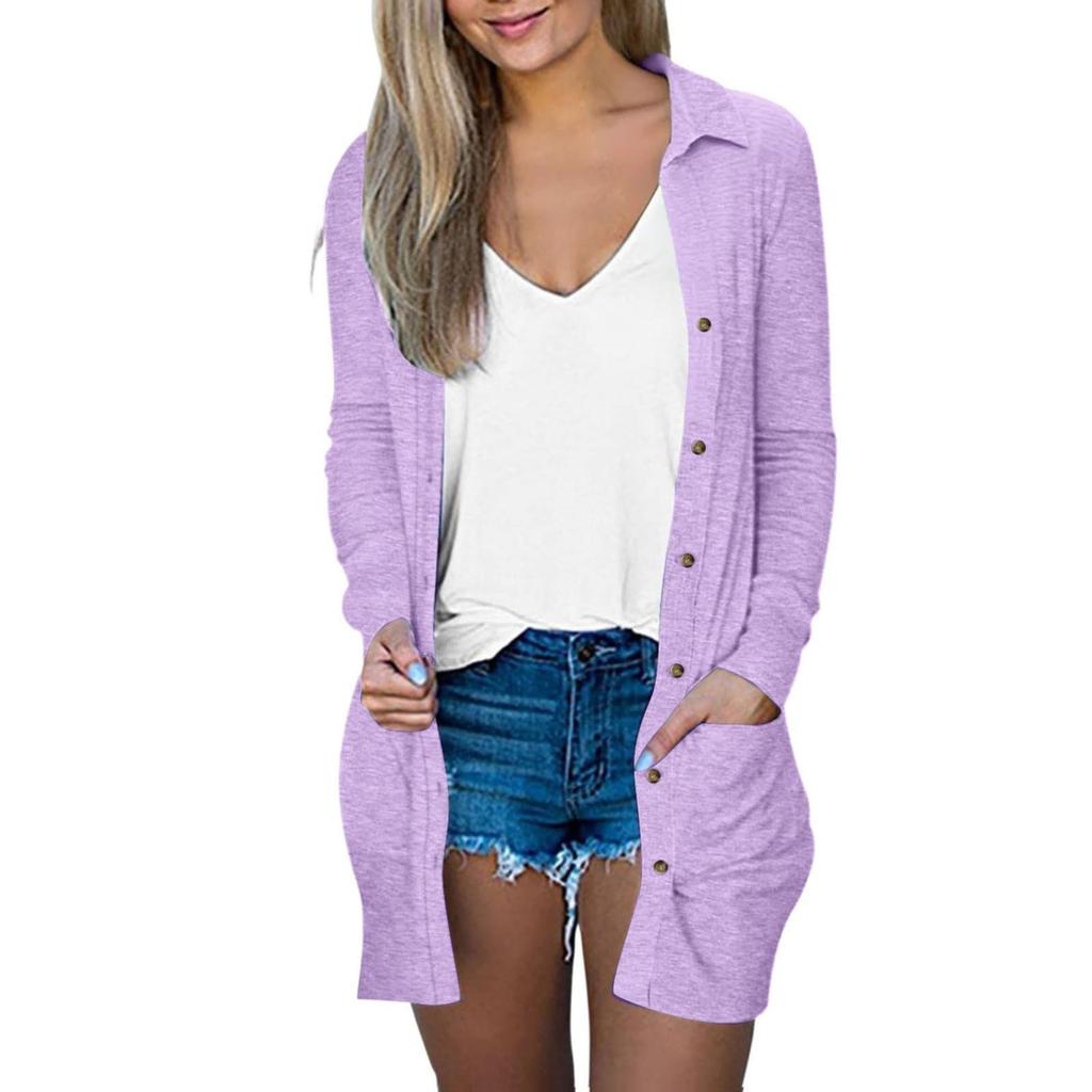 Women's Fashion Cardigan Lightweight Long Sleeve Button Loose With Pocket Solid Color Jacket