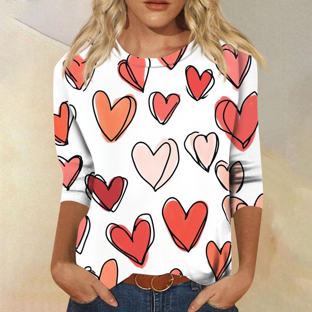 Футболка женская с рукавом 3/4, повседневная футболка с принтом ко Дню святого Валентина, джемпер с круглым вырезом