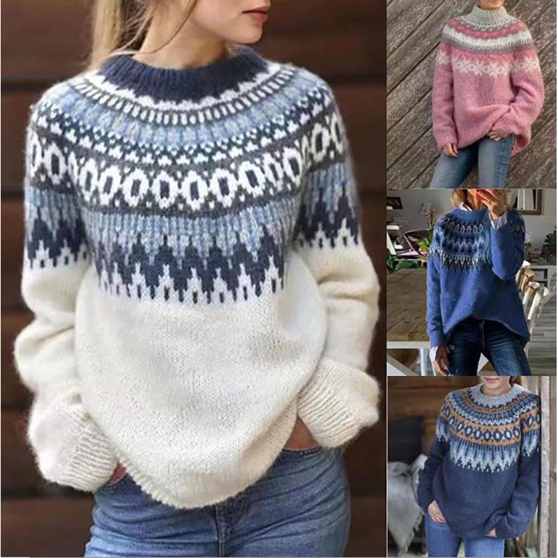 European Autumn/Winter Women's Thick Jacquard Knit Sweater - Acrylic Blend