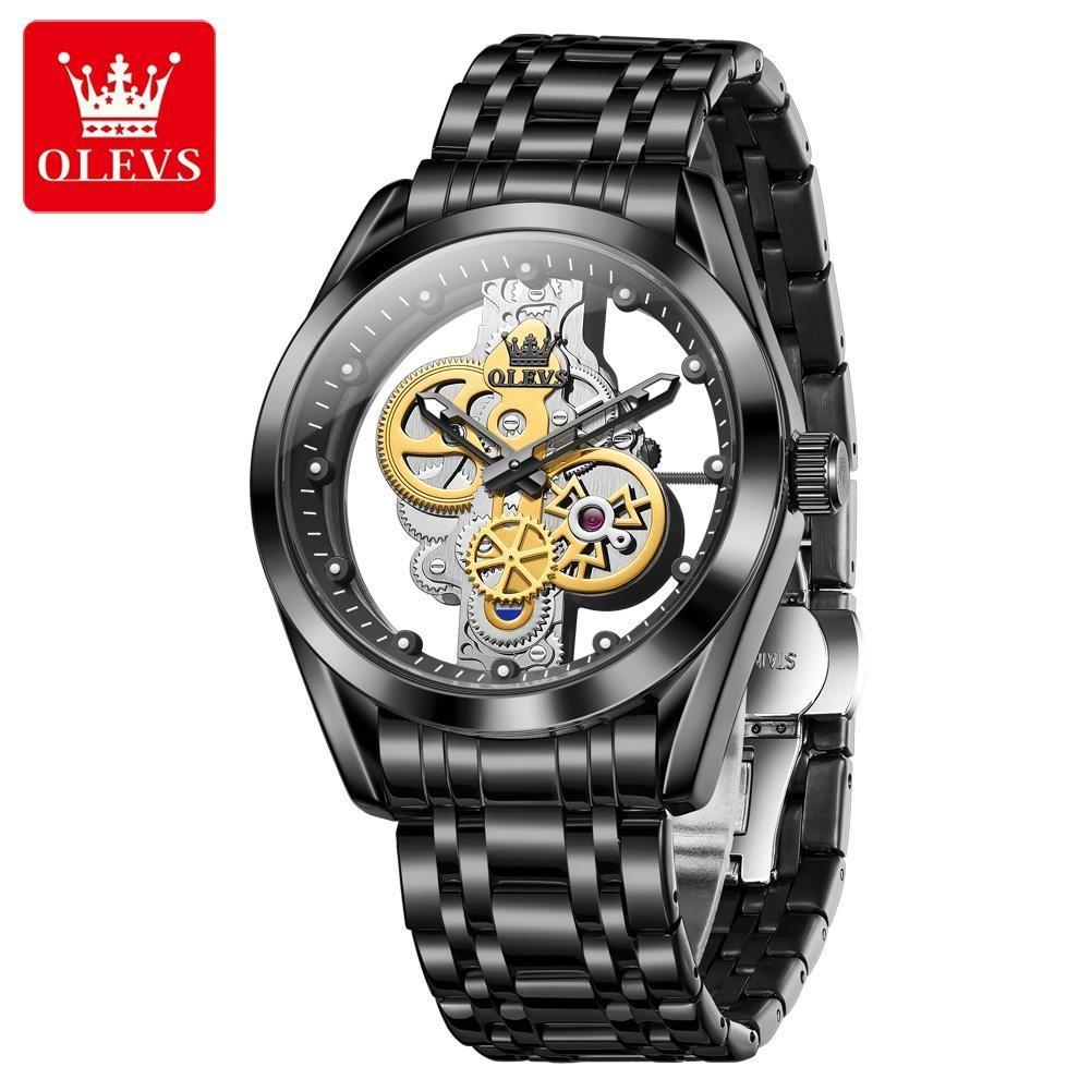 OLEVS Men's Fashion Hollow Skeleton Quartz Wrist Watch Stainless Steel Bracelet Waterproof Luminous Hands Luxury Casual Male Watch