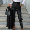 Women Pants Smooth Faux Leather Zipper Decor Slim Fit High Waist Zipper Button Closure Multi Pockets Solid Color Pencil Pants Long Trousers