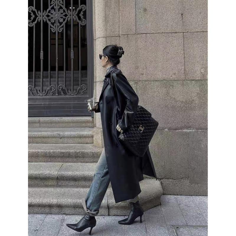 Черная коричневая ретро-куртка средней и длинной длины из кожи, женский новый свободный кожаный тренчкот