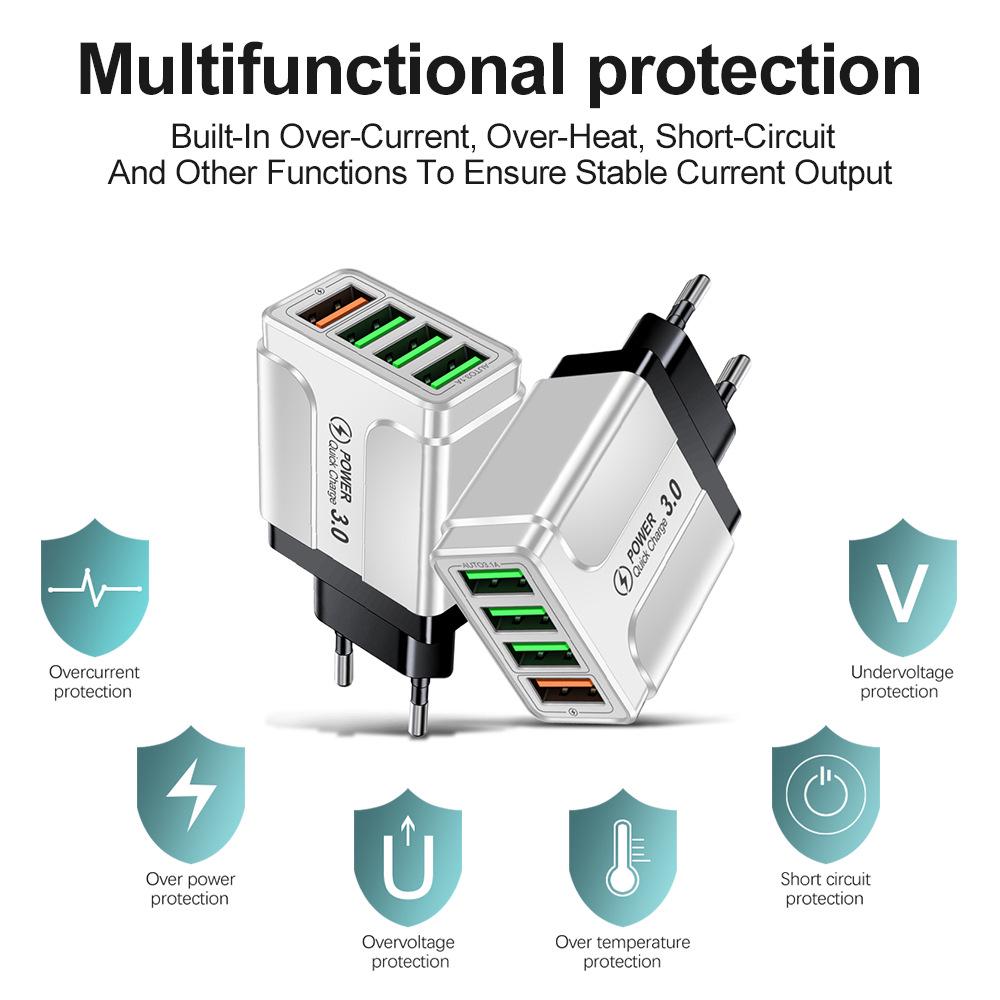 QC3.0 Multi-Port USB Fast Charger - 4 Ports, EU/UK/AU Plug, for Mobile Phones