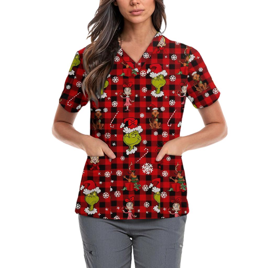 Женская милая блузка с принтом бантиков, рабочая одежда, V-образный вырез, двойной слой, карманы, базовая, с коротким рукавом, пуловер