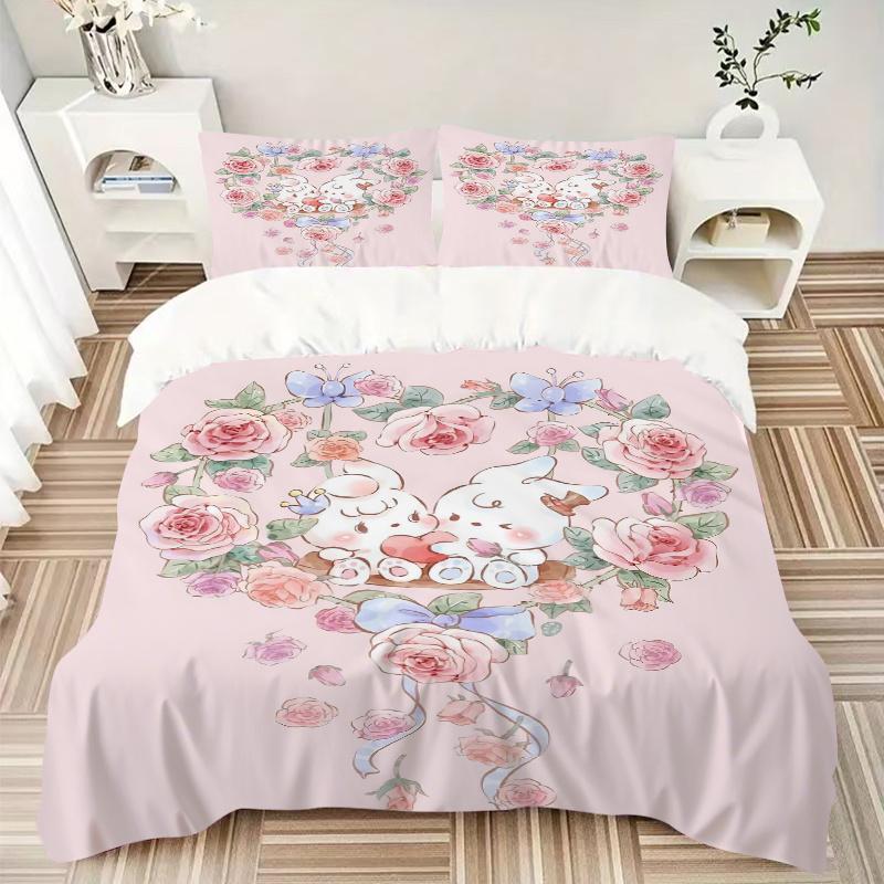 3pcs Love Flowers & Bunnies Printed Quilt Set - Soft and Comfortable Quilt Cover for Bedroom, Guest Room and Dormitory Decorative Bedding Se