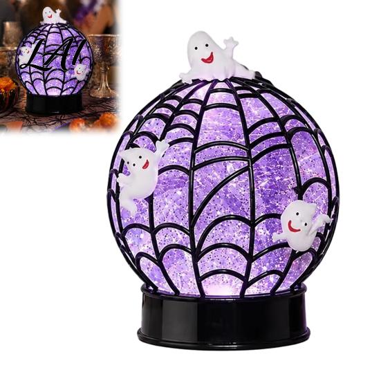 Spooky Party Glitter Ball Halloween Ghost Table Light Lamp, Glowing Spiderweb Faux Crystal Sphere