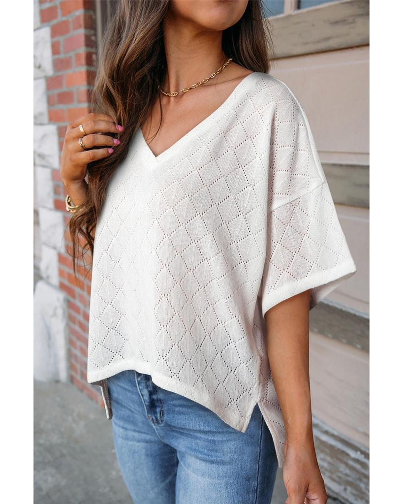 Azura Exchange White V Neck Knitted Flowy Blouse