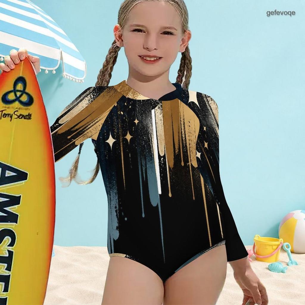 Girls High Neck Long Sleeve Front Zip Printed Black Gold One Piece Swimsuit