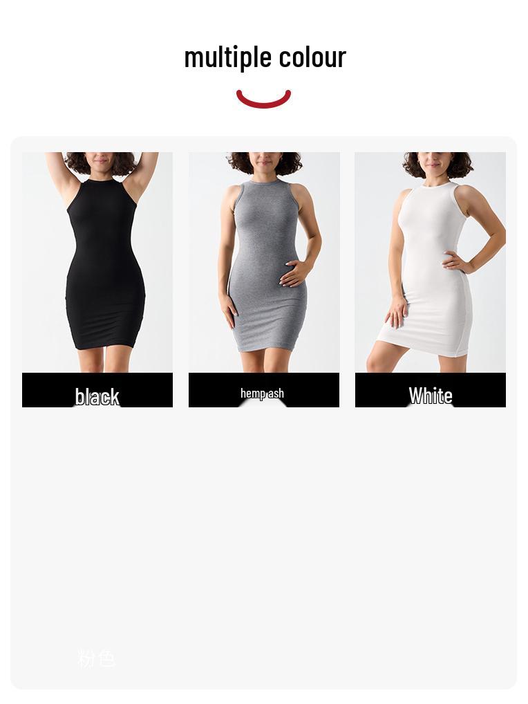 Платье из хлопка и спандекса в рубчик без рукавов с круглым вырезом до колена