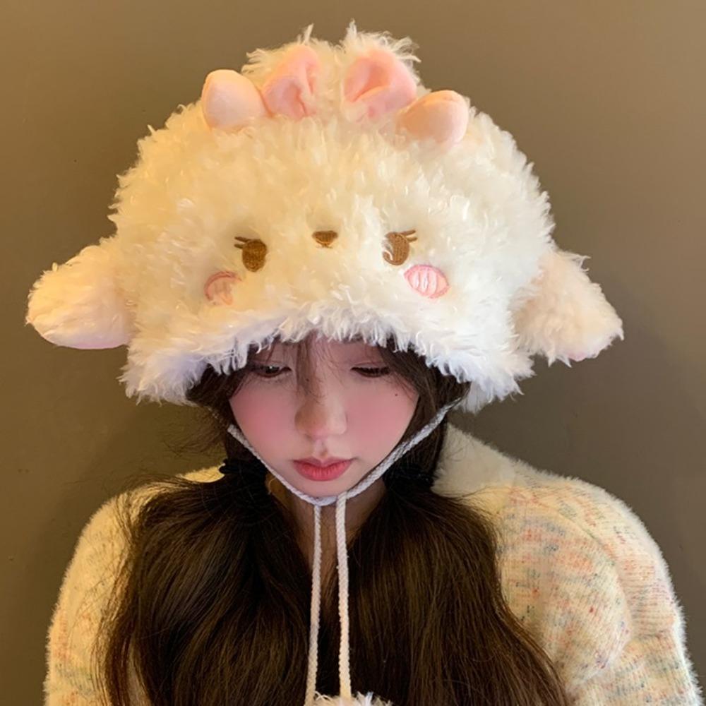 Fluff Sheep Ear Bucket Hat Soft Dome Hat Y2K Plush Pullover Hat Outdoor