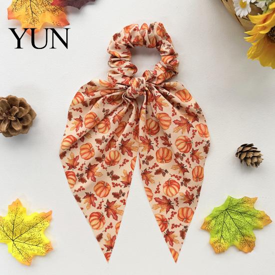 Retro Thanksgiving Hair Decorations Fall Pumpkin Maple Leaf Tie for Women, Bow Knot Ribbon Ponytail Decorative Ties Holder, Soft Fabric Elastic