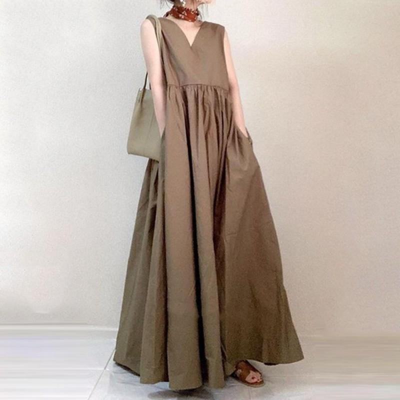 Elegant V-Neck Sleeveless Midi Dress With Pleated Skirt High Waist Cotton Linen Blend Women Office Chic