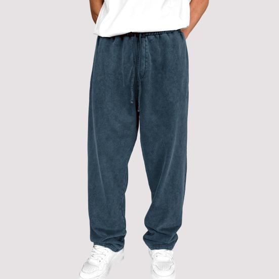 Men Sport Pants Wide Leg Drawstring Elastic Waist Pure Color Sweatpants Full