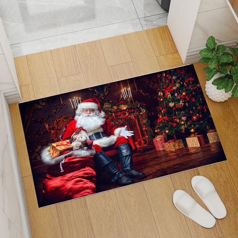 Red Coral Fleece Christmas Floor Mat with Santa Claus and Tree Design