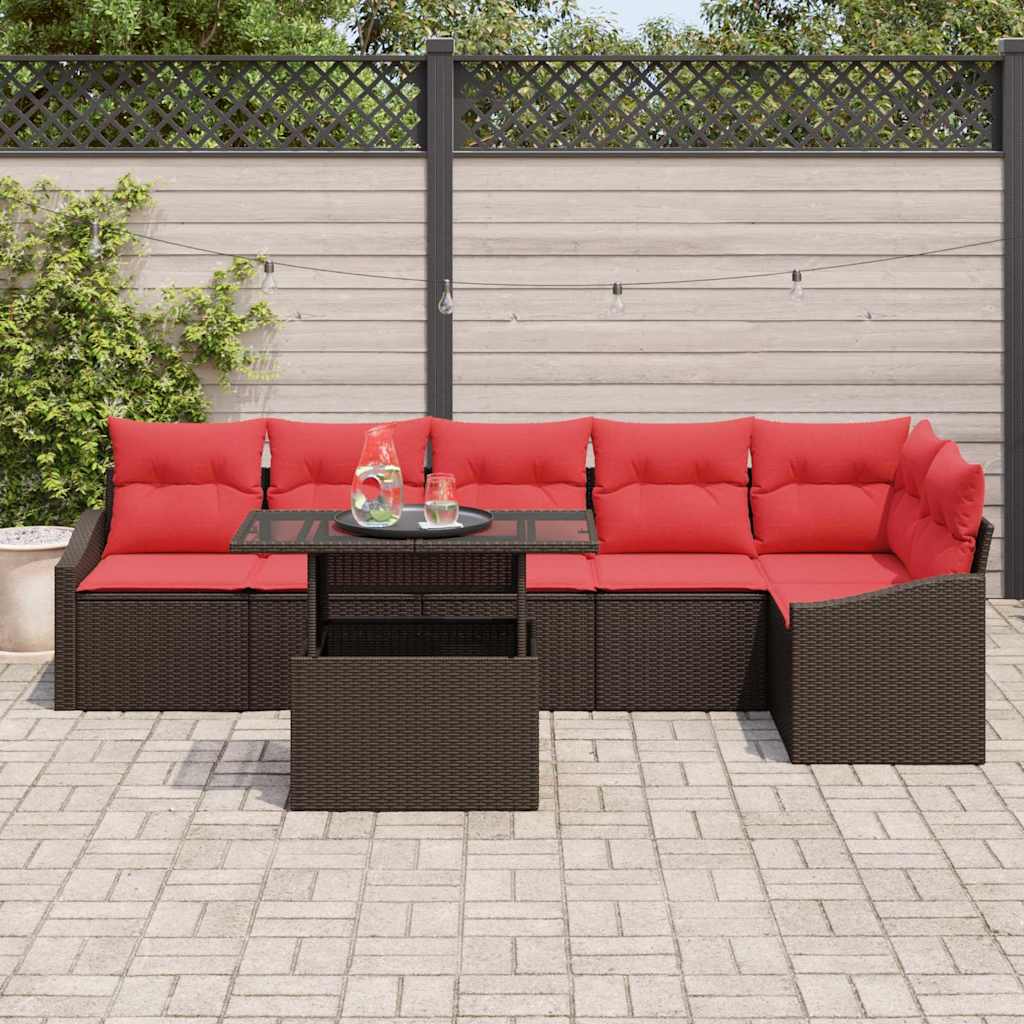 Garden Sofa Set 7 Pieces Brown and Red Poly Rattan