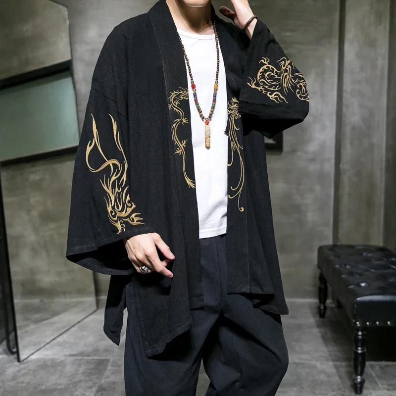 Модный костюм с вышивкой Hanfu, мужской халат в китайском стиле, куртка-кардиган, кимоно большого размера, древнее пальто, мужское