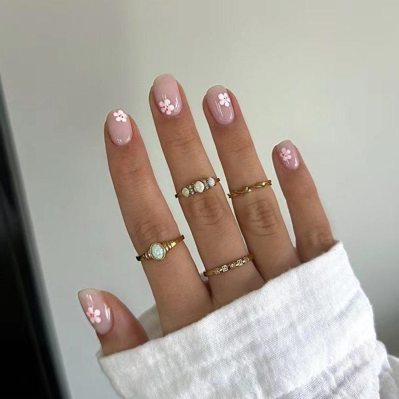 24 Pieces Of Manicure Clear Daily Pink Flower Simple Versatile Gentle Short Square Wear Nail