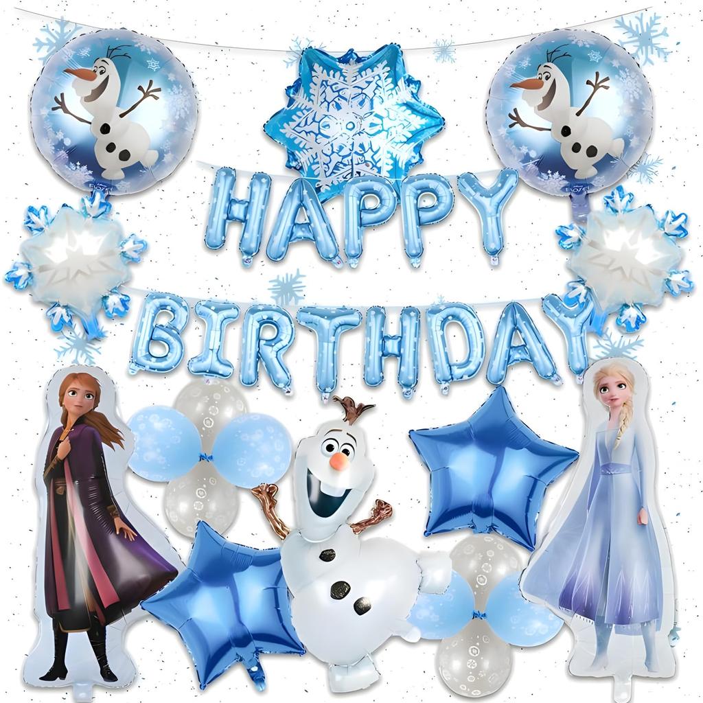Frozen Birthday Decorations for Kids, Blue Balloon Set, Happy Birthday Balloons and Cake Topper, Cute 19-Piece Set for Girls and Boys, Anniversary