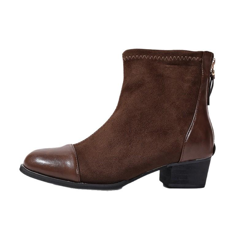 Fashion New Fashionable British-style Short-top Autumn New Large-sized Round-toe Back Zipper Chunk-heeled Fashion Boots