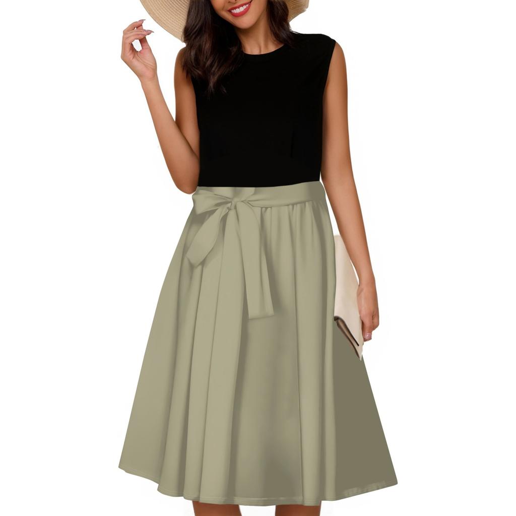 Women's Fashion Casual Lace-up Sleeveless Round Neck Splicing Short Dress