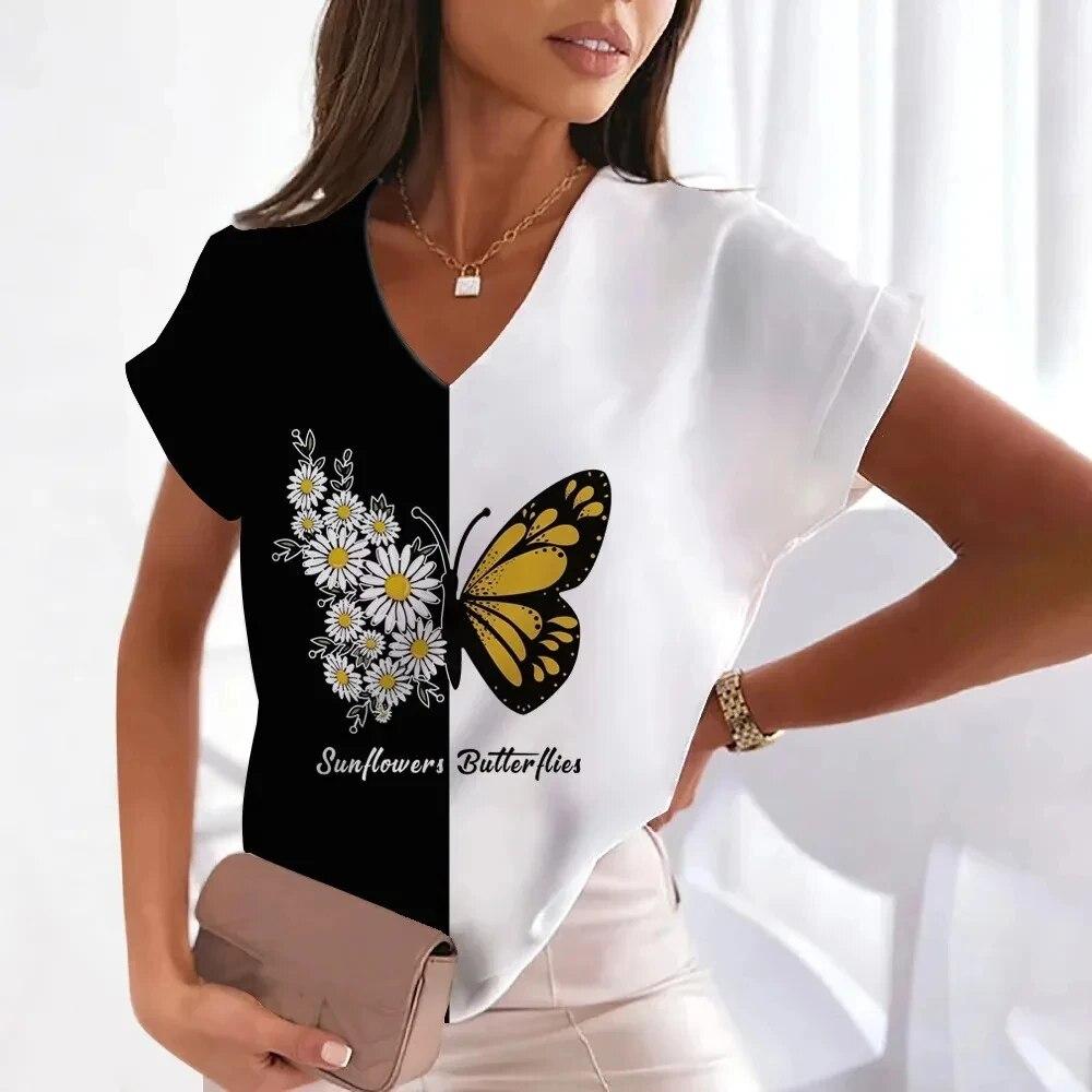 2024 Summer Women's T-Shirts Butterfly V-Neck Shirts Fashionable Short Sleeve Tees Oversized Ladies Tops Casual Women's Clothing