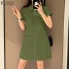 Women Summer Turn Down Collar Casual Short Sleeve Zipper Dress