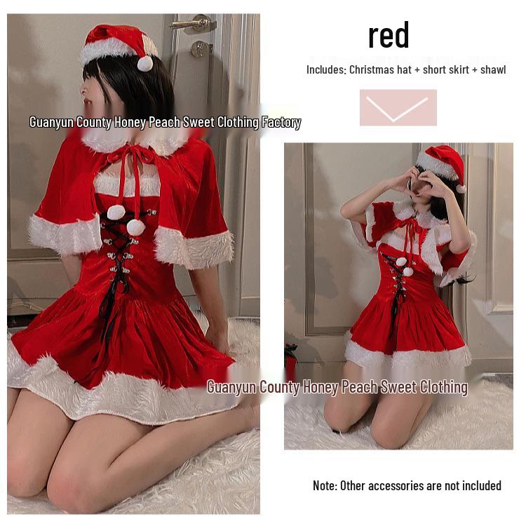 Christmas Reindeer Cosplay Red Slip Dress with Cute Uniform for New Year Performance