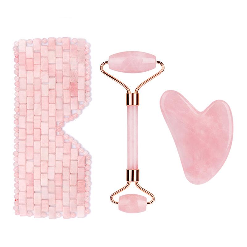 3pcs Natural Jade Eye Mask And Jade Roller Gua Sha Set Rose Quartz Gouache Scraper Massage Tool Anti-Aging Beauty Skin Care Tool