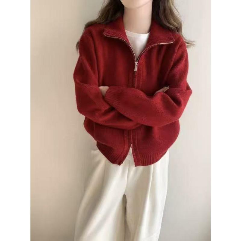 Осень и зима новый свитер на двойной молнии куртка женская толстая с воротником-стойкой повседневный дизайн короткий вязаный кардиган женский