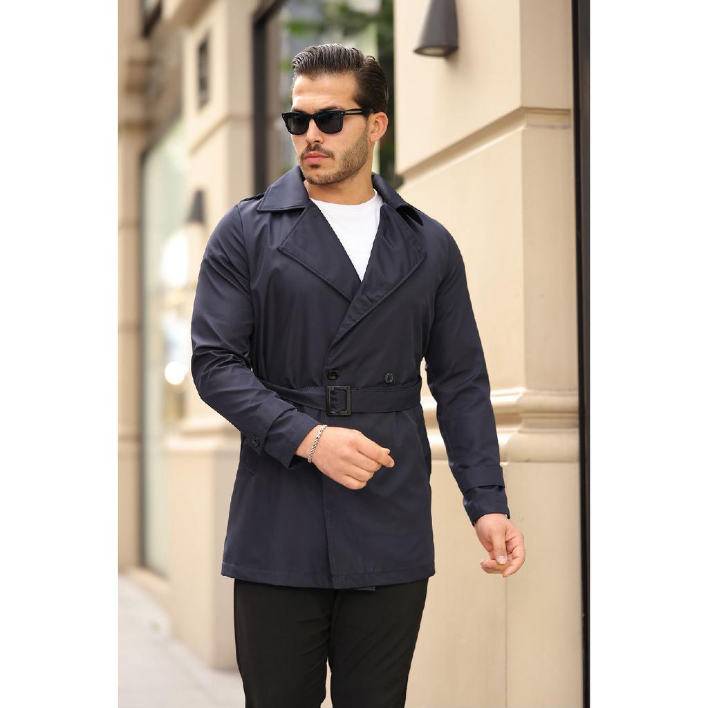 Мужской черный водо- и ветрозащитный плащ с поясом, верхнее пальто