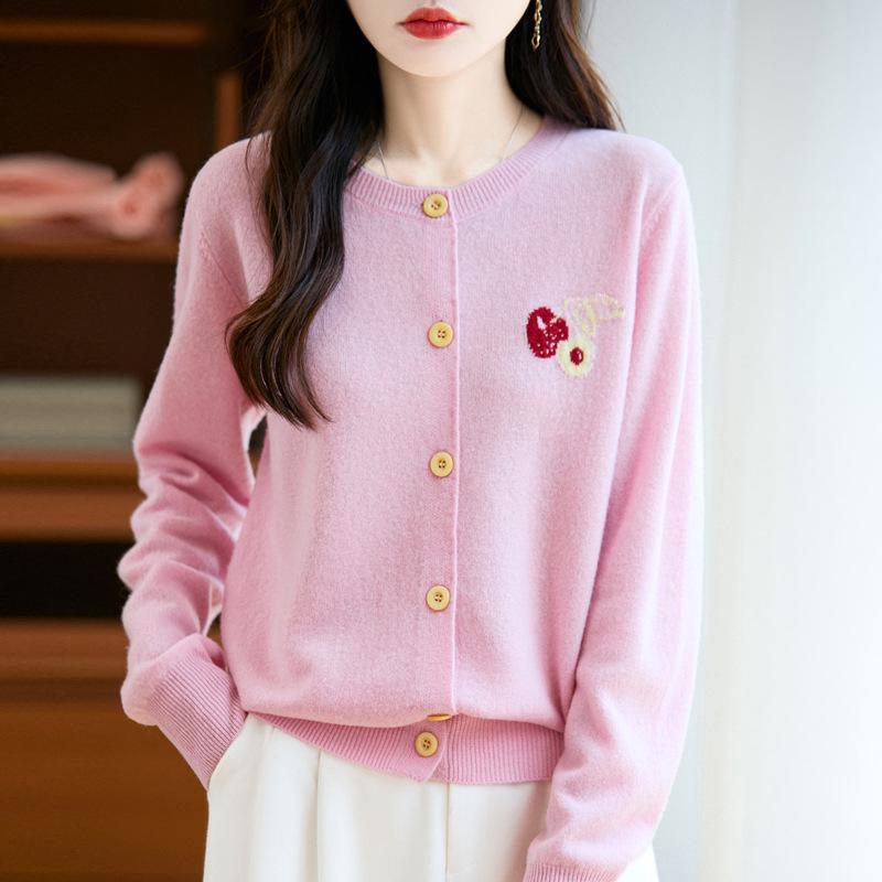 Women's Autumn Embroidered Round Neck Single-Breasted Wool Knit Cardigan