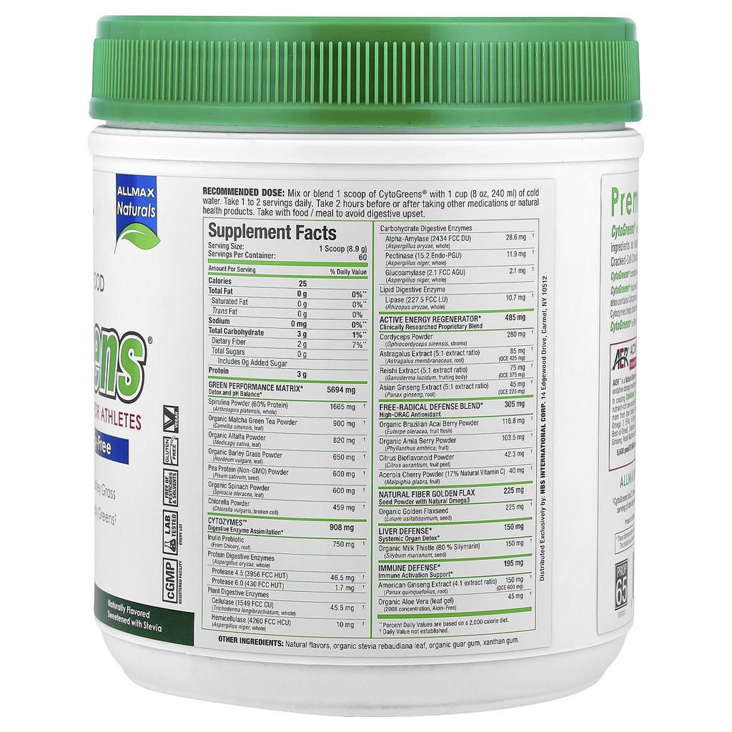 Cytogreens, Premium Green Superfood for Athletes, Acai Berry Green Tea Flavor, 535G (1.2Lb)