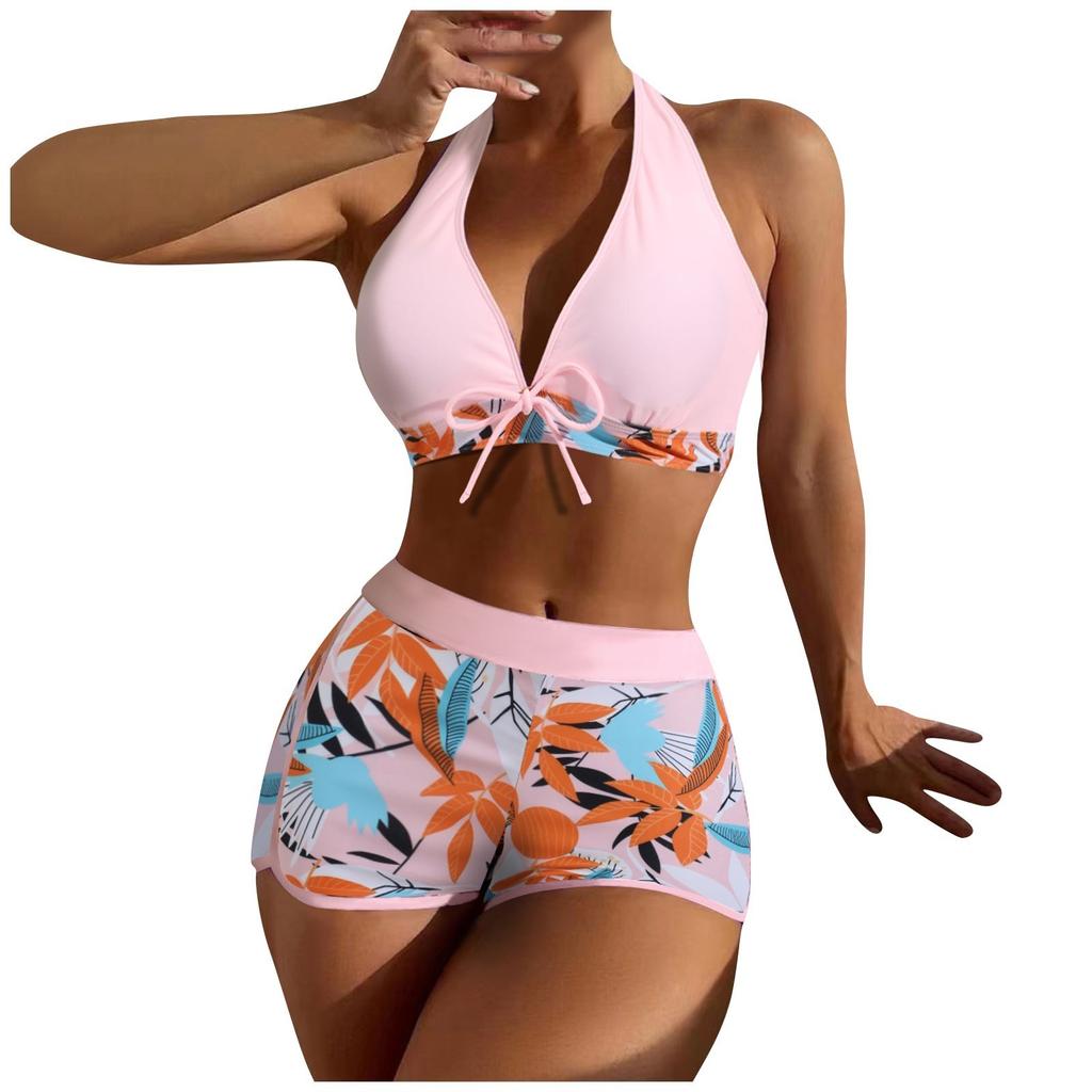 Women's Paneled Printed Swimsuit Ladies Fashion Sexy Split Boxer High Waist Swimsuit Two-Piece Set V-Neck Bathing Suits Female