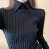 Autumn Winter Women Elegant Polo Collar Ribbed Knitted Sweater Solid Long Sleeve Slim Pullover Tops Basic Jumper Sweater
