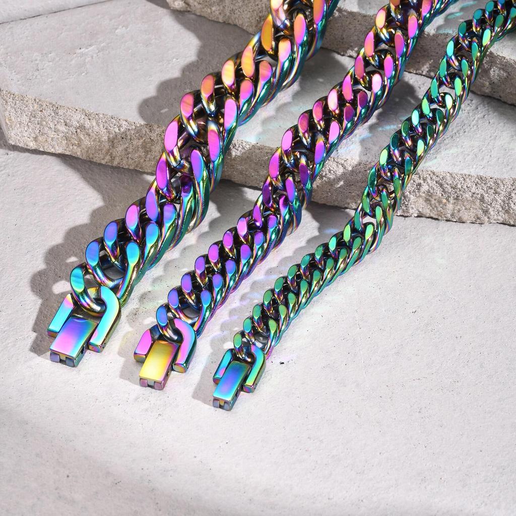 8mm/10mm/12mm Cuban Link Stainless Steel Man Bracelet Rainbow Colored Square Link Wristband Jewelry Gift for Dad Valentine's day