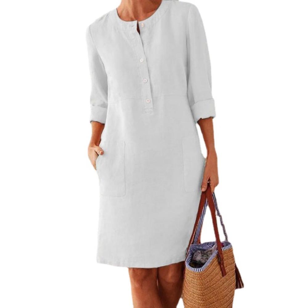 Весенне-осеннее объемное женское хлопково-льняное платье с круглым вырезом и длинными рукавами