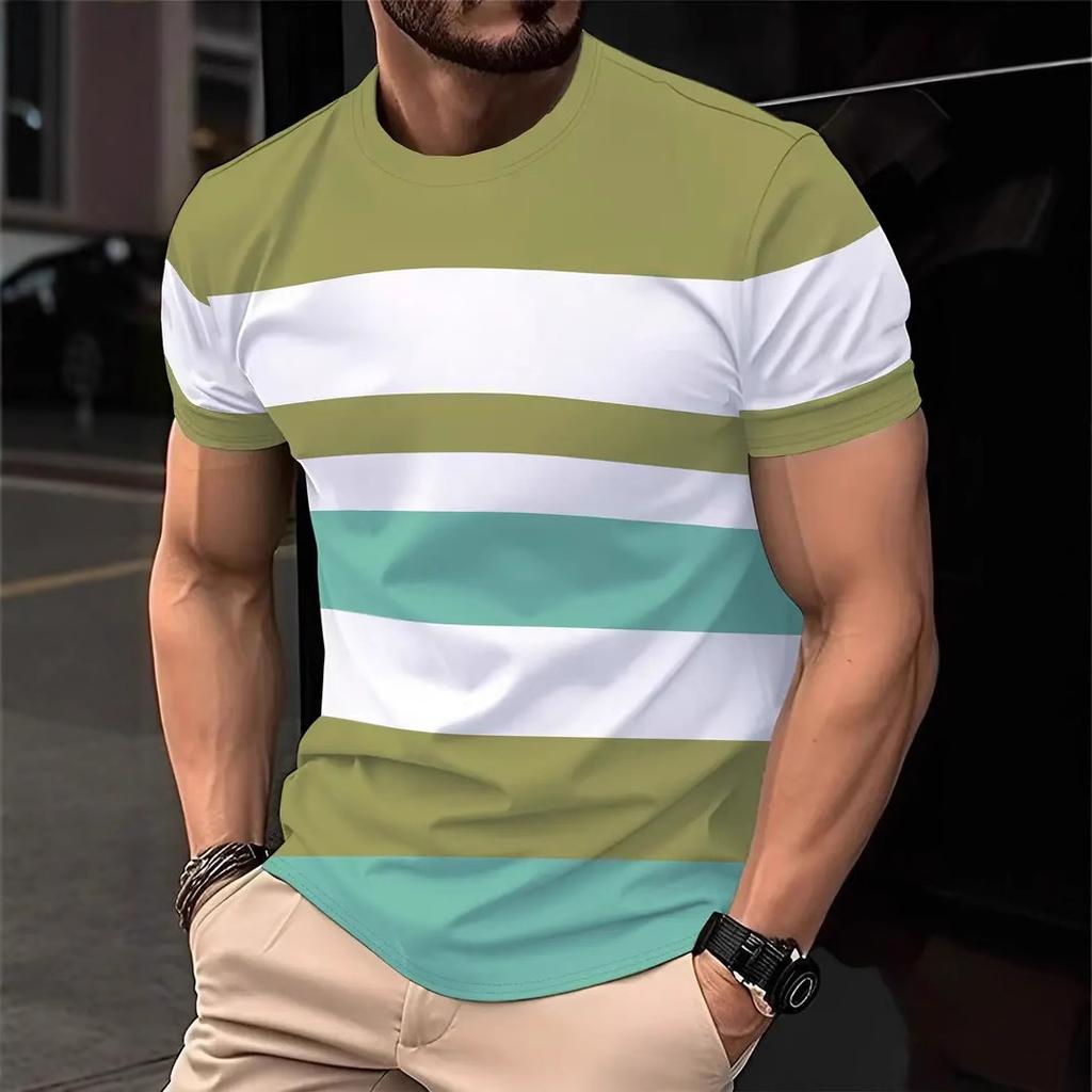 Summer Round Neck Striped Contrasting 3D Print Top Fashionable Casual Simple Short Sleeved Men's T-shirts