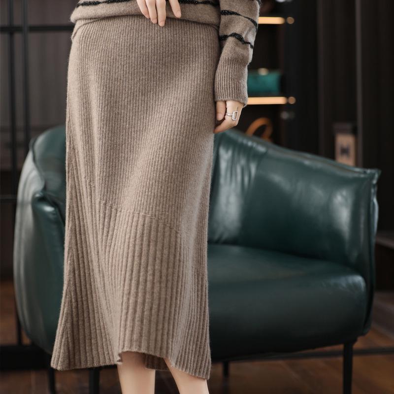 Женская юбка средней длины в полоску из 100% чистой шерсти: Универсальный, утягивающий, с высокой талией, облегающий бедра, длиной до колена, кашемировый трикотаж.