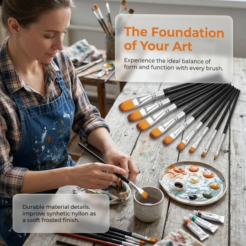 8PCS Wood Handle Paint Brush Set Round & Flat Tips Multi-Media Brushes Acrylic Painting