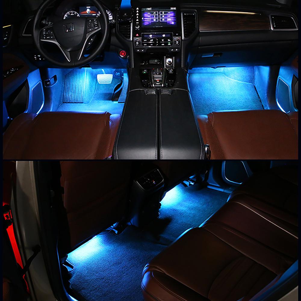 OKEEN, 4 шт., автомобильный атмосферный светодиодный светильник для ног, USB-зажигалка, управление через приложение, RGB, несколько режимов, автомобильный интерьер, декоративный фон