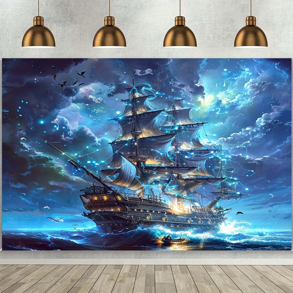 Enchanted Nautical Adventure Wall Tapestry for Living Room Decor Featuring a Majestic Sailing Ship Illuminated by Ethereal Blue