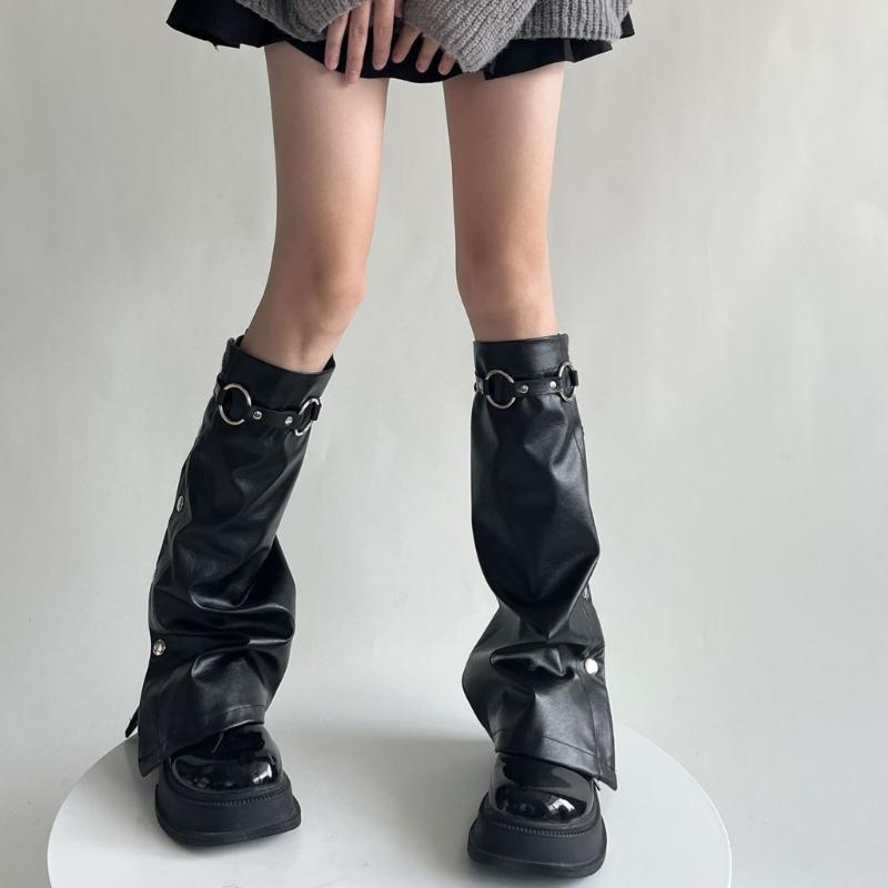 Женские грелки на ноги Harajuku с пряжкой из кожи, с панковскими боковыми пуговицами, широкие, расклешенные, для ботинок, длинные носки на икры, уличная одежда
