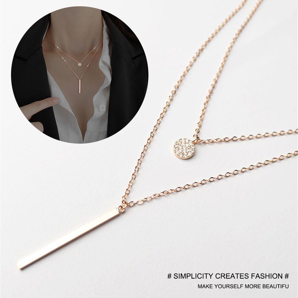 Zircon Round Shiny Rose gold 925 Sterling Silver Long Pendant Clavicle Chain Double Layer Necklace